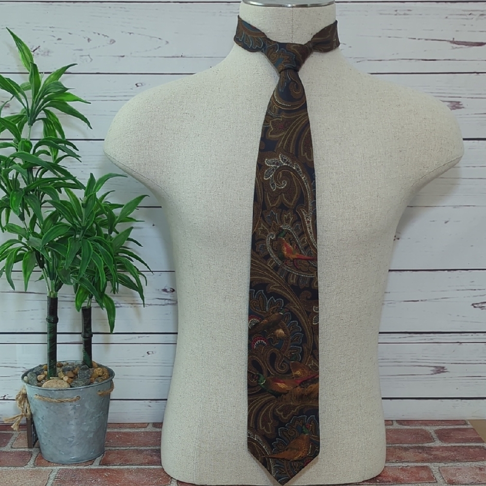 Vintage Etienne Aigner Silk Neck Tie MCM Pheasant Quail Bucolic Rat Pack‎ Mod